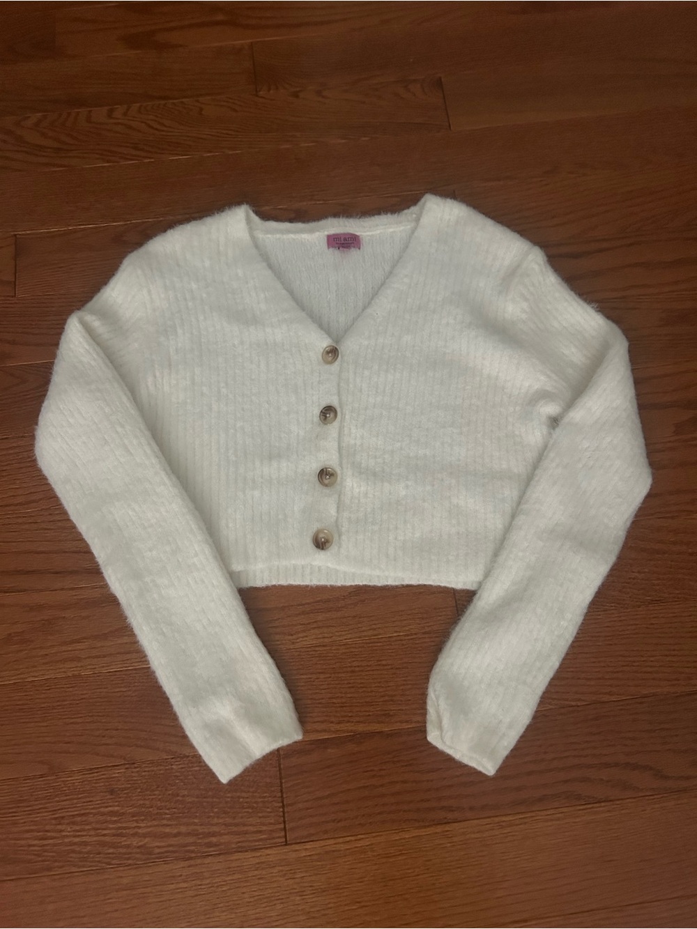 Francesca’s White Fuzzy V-Neck Cropped Button Sweater/Cardigan